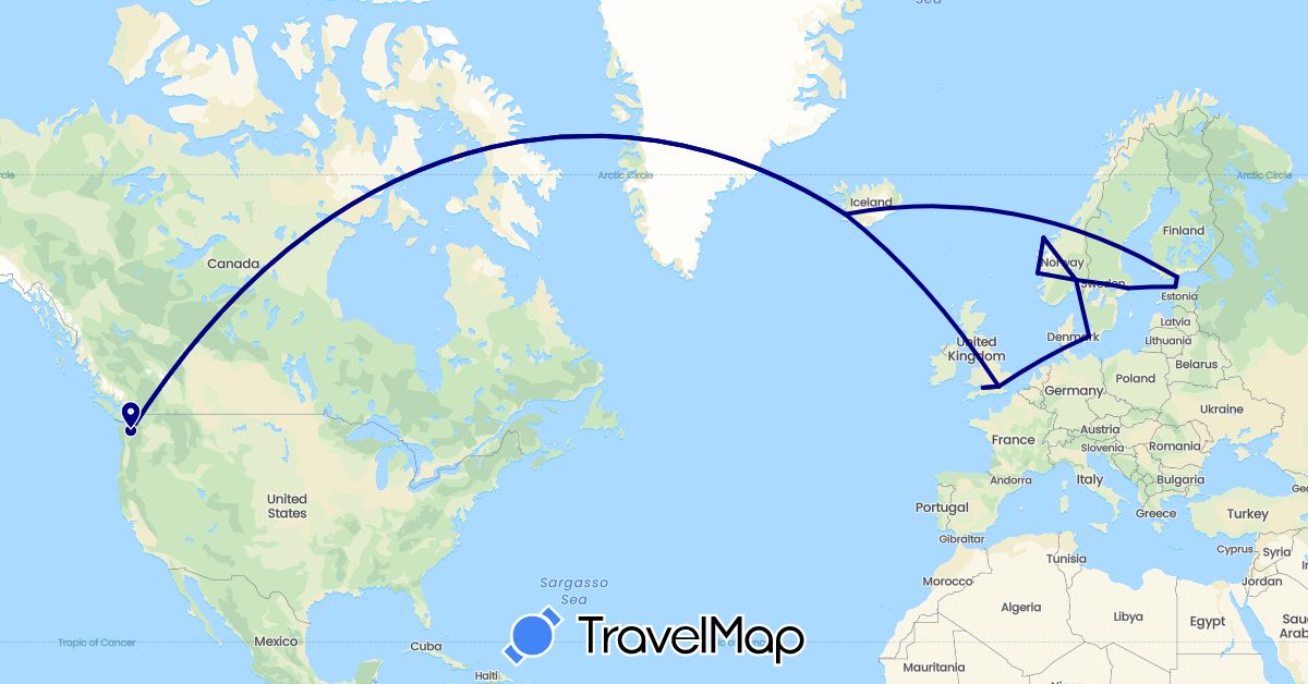 TravelMap itinerary: driving in Denmark, Estonia, Finland, United Kingdom, Iceland, Norway, Sweden, United States (Europe, North America)